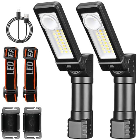 BORDEAG 2 Stück LED Arbeitsleuchte - Aufladbare Werkstattlampe mit Schwenkfunktion, COB Inspektionsleuchte & Taschenlampe LED für Autoreparatur, Camping und Notfälle