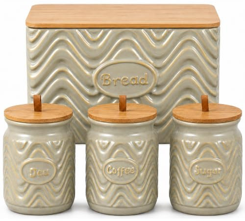 Home Harbour Clairmont Collection | Set of 3 Ceramic Tea, Sugar Coffee Canisters with Bamboo Airtight Lids | Storage Jars Containers Tea Sugar | Caddy Sets Kitchen Accessories Essentials (Warm Glaze)