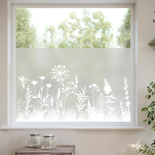 dktie Window Privacy Film White Window Film Plants Window clings Non-Adhesive Reusable Decoration for Room (02, 90x200cm)