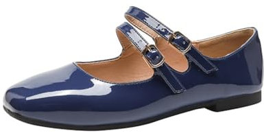 MISSUIT Women's Patent Leather Mary Jane Flats Double Strap Square Toe Ballet Pumps(Navy,6)