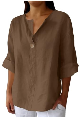 Top Tunica Estivi in Cotone e Lino per Donna a Tinta Unita con Scollo a V Camicette Casual Vestibilità Ampia Maniche 3/4 Camicie da Donna Camicetta Lunga Taglie Forti Henley Oggi 2025, Marrone, XL