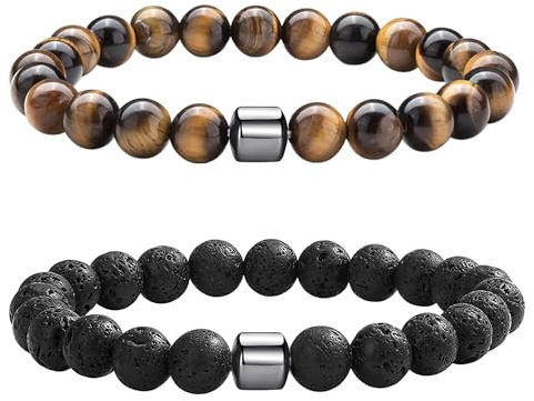 Mochity 3 stycken herrarmband, 8 mm naturstenar, armband herr tigeröga, svart obsidian armband, chakra-armband pärlarmband, Medium, Rostfritt stål, Rostfritt stål