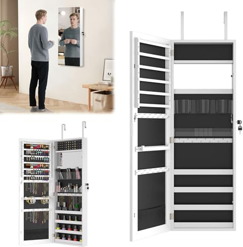 UISEBRT Spegelsmyckesskåp för vägg, smyckesförvaring, hängande med säkerhetslås 2-i-1 spegelskåp för väggmontering eller för upphängning, 107,5 x 36,5 x 9,5 cm, vit