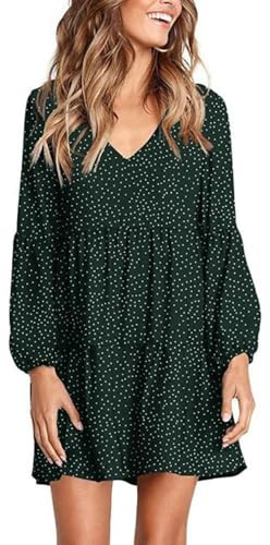 XFSRG Vestidos de Mujer Manga Larga Vestido Casual Cuello V Vestidos Sueltos de Camiseta T-Shirt Túnica Negro Color sólido Vestido Midi Moda Chic Playa Vacaciones (Verde S)