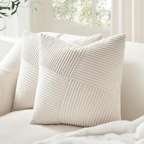 Topfinel Kissenbezug 80x80 Creme Kordsamt 2er Set Windmühle Streifen Muster Kissenbezüge Kissenhülle Dekokissen Sofakissen Patchwork Design Deko Wohnzimmer Bett Schlafzimmer Sofa