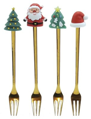 Set 4 Forchettine da Dolce Natalizie in Acciaio Oro con Personaggi di Natale – Babbo Natale, Albero e Cappello – Posate Dessert con Scatola Regalo a Tema