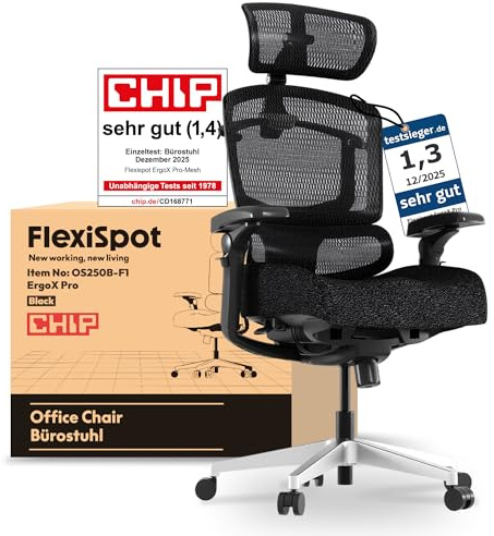 FlexiSpot ErgoX Pro-Foam Bürostuhl, Schwarz | Mit 12-stufiger Höhenverstellung, 7D-Armlehnen, 5D-Lendenstütze, 4D-Kopfstütze und 250 kg Tragfähigkeit