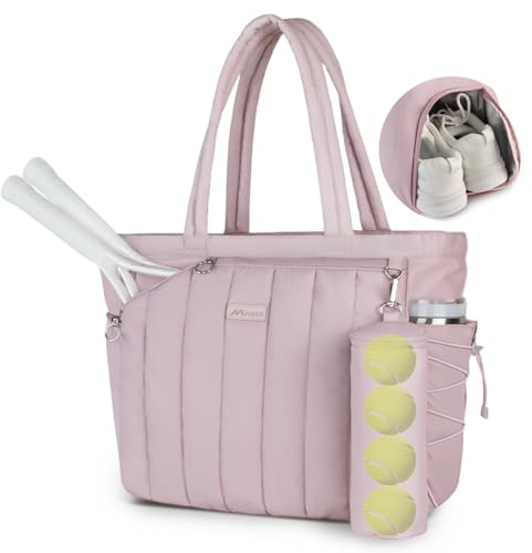 Movker Quilted Tennis Bag for Women & Men, Large Tennis Tote with Shoe Compartment & Waterproof Wet Pocket, Fits 2-4 Rackets & 15.6 Laptop, Lightweight Gym Duffle Sports Bag with Fence Hook(Pink)