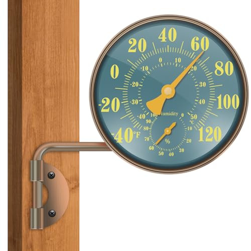 2-i-1-termometer, hygrometer, Ø 10 cm, koppar, fönstertermometer utomhus med stativ, monteringshål, trädgårdstermometer, utomhustermometer för terrasser, växthus, trädgårdar