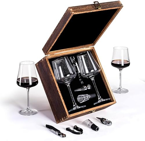 Hotplex Juego de 2 copas de vino de Burdeos con caja de madera, vasos de cristal europeo soplado a mano, artesanía austriaca, 14 onzas, 8.3 pulgadas de alto, sin plomo, apto para lavavajillas, juego