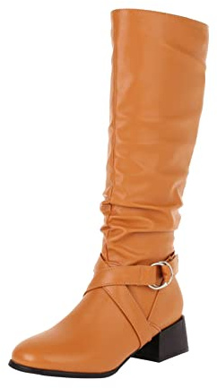 Cowboystövlar dam blockklack höga stövlar med dragkedja på sidan | Västerländska stövlar dam knähöga cowboystövlar med spänne långa stövlar rund tå slip-stövlar fashionabla övergångsstövlar