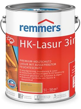 Remmers HK-Lasur 3in1 eiche hell, 5 Liter, Holzlasur aussen, 3facher Holzschutz mit Imprägnierung + Grundierung + Lasur, Feuchtigkeit- und UV-Schutz