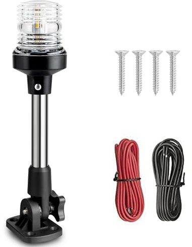 Young Marine Boat Anchor Light 3-Nautical Mile White LED Fold Down Stern Light for Pontoon and Fishing Boat All Round 360° White LED 12-24V (9 Foldable)