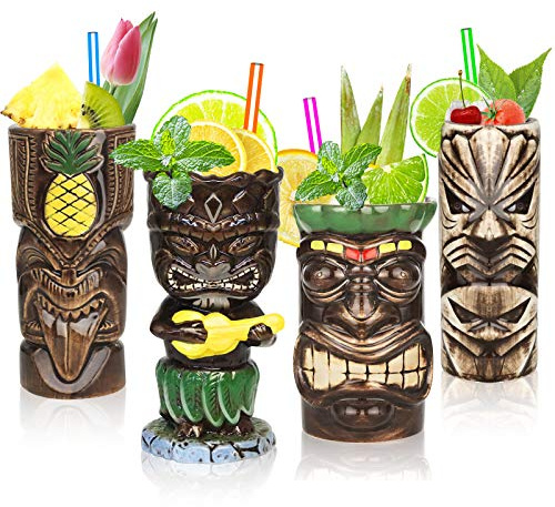 Sats med 4 st Tiki-glas, hawaiianska keramiska partyglas, För cocktailar och exotiska fester – TJB02 (4 st)