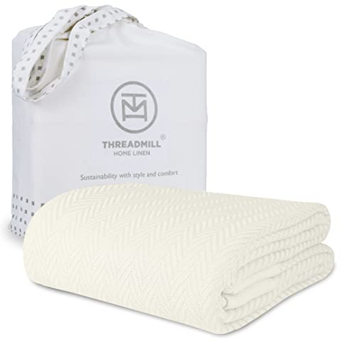 Threadmill Luxury Cotton Blankets for King Size Bed | All-Season Cozy 100% Cotton King Size Blanket | Herringbone Soft Fall Thermal Blanket fits Cal King Size Bed | Tusk White