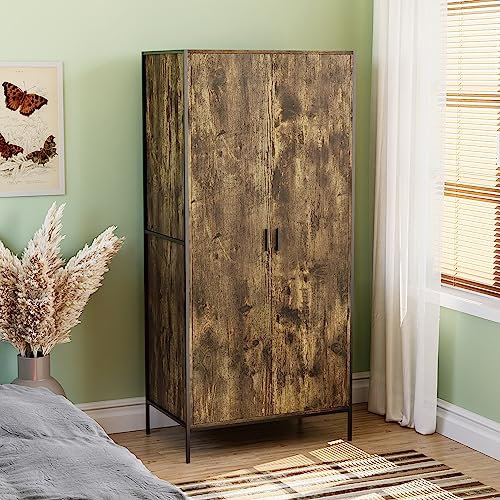 Vida Designs Brooklyn 2 Door Wardrobe Clothes Hanging Rail Shelf Industrial Rustic Bedroom Furniture (Dark Wood)