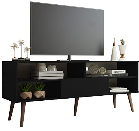 Madesa TV Stand with 1 Door and 4 Shelves with Cable MANAGEMENT for 55, 65 Inch Media Storage Media Console Living Room and Bedroom Entertainment Center Wooden Television Cabinet - Black