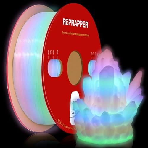 RepRapper Glow in The Dark White to Rainbow PLA Filament 1.75mm (+- 0.03mm) 2.2lb (1kg) for 3D Printer & 3D Pen, White Material with Rainbow Multicolor Glow Effect