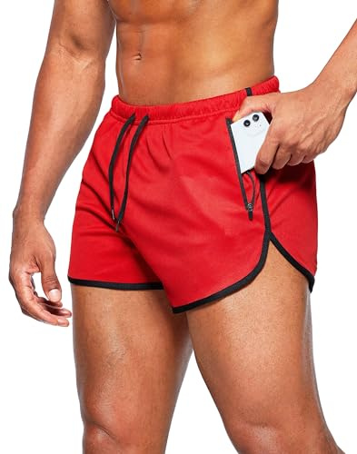 Alienjoy Herrshorts, sportbyxor, löpshorts, 3 tum, sommar, träningsbyxor, fitness, utomhus, sportbyxor, atletiska joggingshorts med dragkedjefickor, röd, M