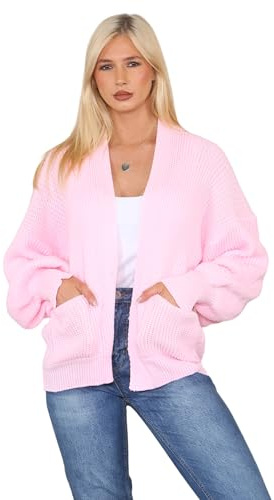 AFR Ladies Balloon Sleeve Short Cardigan Women's Open Front Two Pocket Puff Sleeves Oversized Chunky Knitted Cardigan Loose Fit One Size (12-18) (Baby Pink)