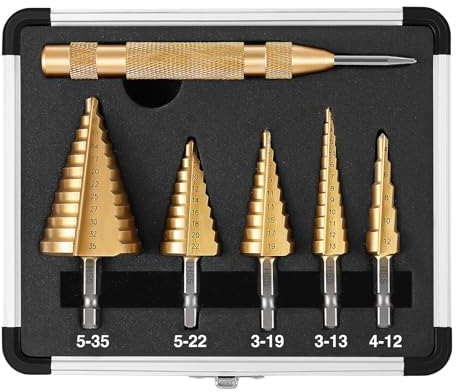 DOVAMAN Juego de 5 Brocas Escalonadas para Metal, Brocas HSS de 47 Tamaños, Revestimiento de Titanio, Punzón Central Automático, Punta Dividida en Forma de X de 118°, con Caja de Aluminio