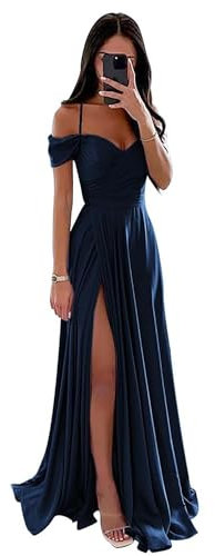 Damen Off Shoulder Satin Brautjungfernkleider Lange Spaghettiträgern Ballkleid A-Linie Formelles Abendkleid mit Schlitz