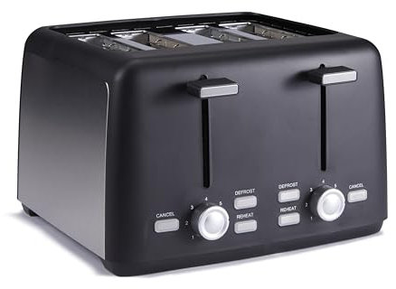 Amazon Basics Tostadora 4 Rebanadas con 7 Niveles de Tostado y Bandeja para Migas Extraíble, Ranuras Extra Anchas, 1500W, Negro