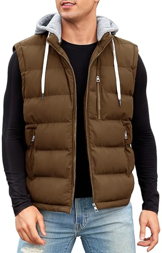 Vancavoo Väst herr vinter quiltad väst med huva lätt vinterväst utomhus dunväst ärmlös jacka gilet sportväst övergångsjacka herrvästar, kaffe, L