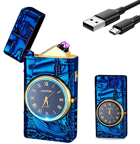 SKRFIRE Mechero de arco recargable USB con reloj - Mecheros de tormenta geniales, mechero eléctrico de varilla con diseño de velero, carcasa metálica para camping (Azul-velero)