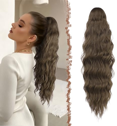 FESHFEN Coda Capelli Extension Ondulati Lunghe, Coda Finta Capelli con Pettine Sintetici Posticci Ponytail Ricci Onda Coda di Cavallo Extensions per Donne, 60 cm Marrone Chiaro