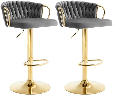 WOLTU Barhocker 2er Set, Barstühle höhenverstellbar 360° drehbar, Küchenhocker mit geflochtener Rückenlehne Fußstütze, Samtstuhl mit Metallrahmen, Dunkelgrau, BH426dgr-2