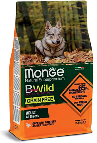 Monge BWild Cane Adult All Breeds Grainfree Anatra e Patate alimento secco completo per cani adulti di tutte le taglie senza cereali, confezione da 2,5kg.