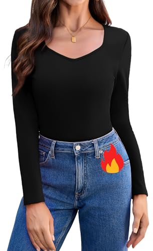 Aottori Camiseta Térmica Mujer Cuello en V Manga Larga | Invierno, Top, Elegante, Cálido, Ropa Interior, Forro Polar, Ajustado, Elástico, Sólido, Básico, Túnica, Shirts