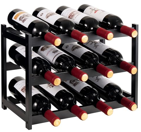 woodluv 3-Tier Wooden Wine Rack, Wine Holder, Compact Wine Storage Stand, Wine Organizer for Kitchen, Bar, or Countertop, Stylish Wine Holder with Easy Assembly