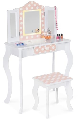 IDMarket - Tavolino per bambini a LED bianco e rosa ROZA con 3 specchi e sgabello
