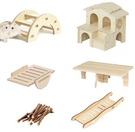 Premium Hamster Wooden House Set: Durable Chew-Resistant Cabin, See-Saw & Play Platform with Apple Twigs - Stylish, Safe, Easy to Assemble