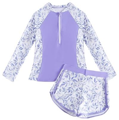 Badeanzug Mädchen mit Gepolsterte BHS Gr 128-158, Langarm Kinder UV Badebekleidung Tankini mit Badeshirt & Shorts, Teenager Schwimmshirt UV Shirt Schwimmanzug, Lila Blätter 11-12 Jahre/146-152