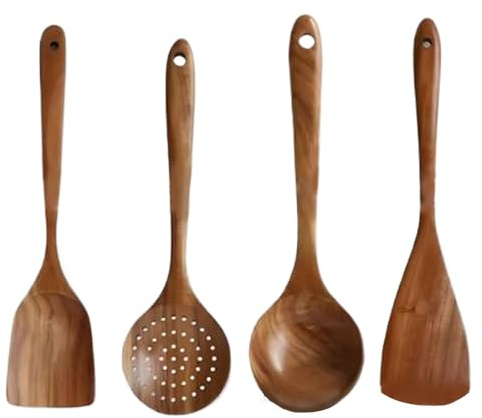 Köksredskap i trä, 4 st släta köksredskapsset med hängande hål, värmebeständiga träskedar för non-stick köksredskap.