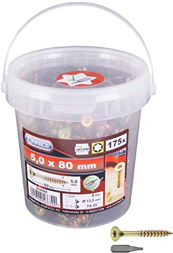 Connex Universalschrauben 5,0 x 80 mm - 175 Stück im Set - Senkkopf - TX-Antrieb - Teilgewinde - Gelb verzinkt - Inkl. Bit / Schrauben-Set / Schrauben-Eimer / B30084 Silber^Gold
