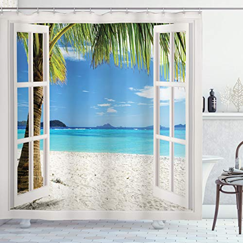 ABAKUHAUS Tropisch Duschvorhang, Tropische Strand-Palmen, mit 12 Ringe Set Stielvoll Modern, 175x200 cm, Grün Weiß Blau