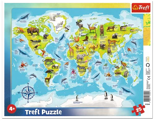 Trefl, Puzzle, Rahmenpuzzle mit Unterlage, 25 Teile, Weltkarte mit Tieren, für Kinder ab 4 Jahren