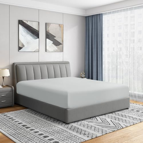 Cathay Home Luxury Wrinkle and Fade Resistant Double Brushed Ultra Soft Microfiber 14-Inch Standard Pocket Single Fitted Sheet, Light Gray, Queen