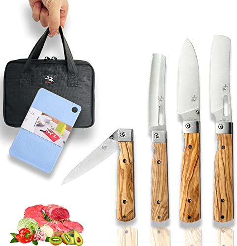 SENBON 440A Ensemble de 4 pièces en acier inoxydable Couteau de chef pliable tranchant Couteau à pain éplucheur universel Couteau de cuisine portable avec manche en olive naturelle
