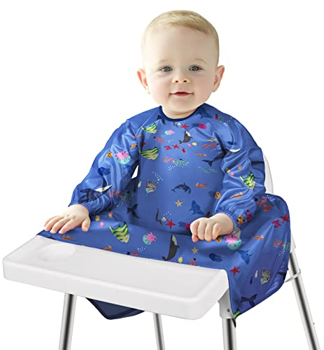 Vicloon Lätzchen mit Ärmeln Baby Ärmellätzchen Befestigt Sich an Ihrem Hochstuhl, Wasserdicht, weiches Bib Unisex (Blau)