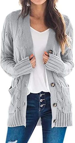 JFAN Gilet Femme Cardigan Long à Col en V Tricot à Manches Longues pour Femme Cardigan de Poche Devant Léger Chic et Elegant Automne Hiver Vêtements,Gris XL