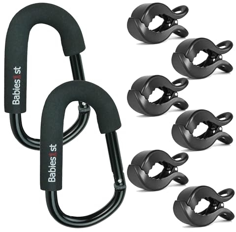 Babies1st Spar Set: Große Karabiner 14 cm (2-er Set) Black Edition und Kinderwagen Klammer 6-er Set, Schwarz Matt