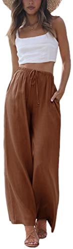 Faleave Women's Cotton Linen Summer Palazzo Pants Flowy Wide Leg Beach Trousers with Pockets(Rust-M)