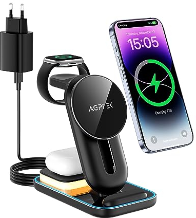 AGPTEK Caricatore Wireless 4 en 1, Ricarica Magnetica per iPhone 12/13/14/15, Ricarca Wireless per iPhone 8/X/11 e Android Qi, per Airpods/Galaxy Buds, per Apple watch, con 18W Adattatore e Luce LED