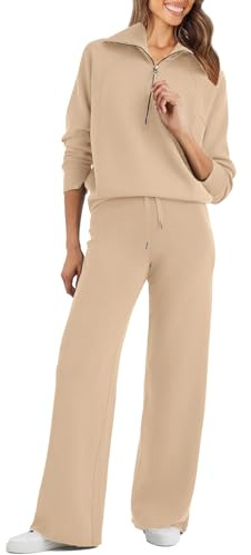 Glamaker, Conjunto de chándal deportivo de 2 piezas para mujer, sudadera de gran tamaño con media cremallera, y pantalones deportivos de pierna ancha, Caqui, M