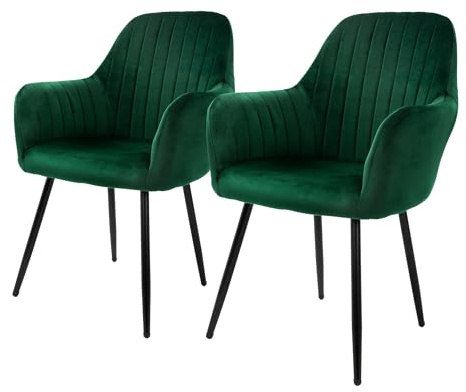 ML-Design uppsättning av 2 matsalsstolar med ryggstöd och armstöd, grön, köksstolar med sammetsklädsel, stoppade stolar med metallben, ergonomiska stolar för matbord, vardagsrumsstolar matsalsstol